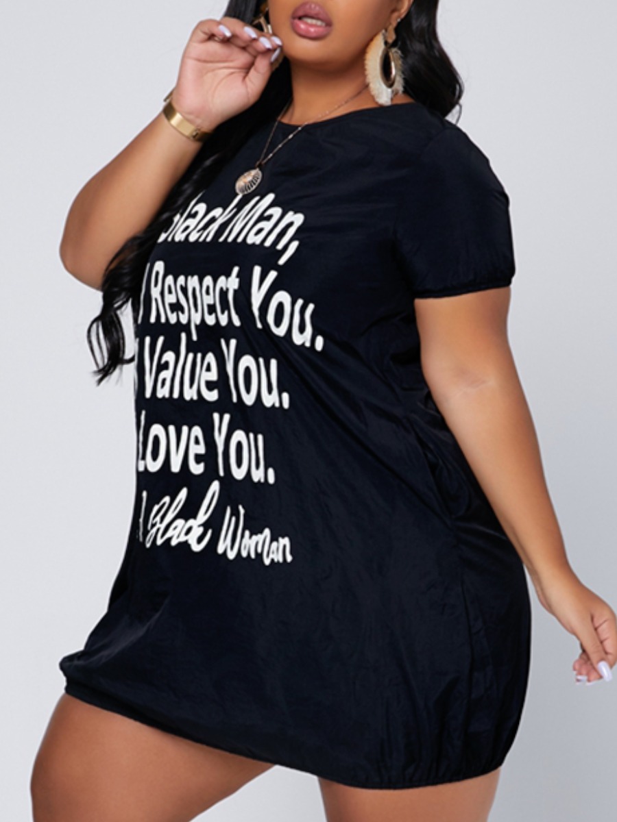 

lovely Casual O Neck Letter Print Black Mini Plus Size Dress