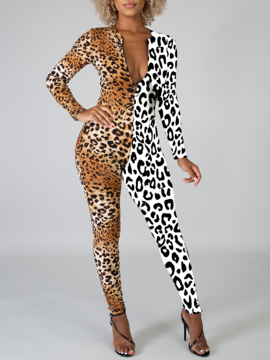 

lovely Trendy Leopard Print Patchwork White One-piece Jumpsuit