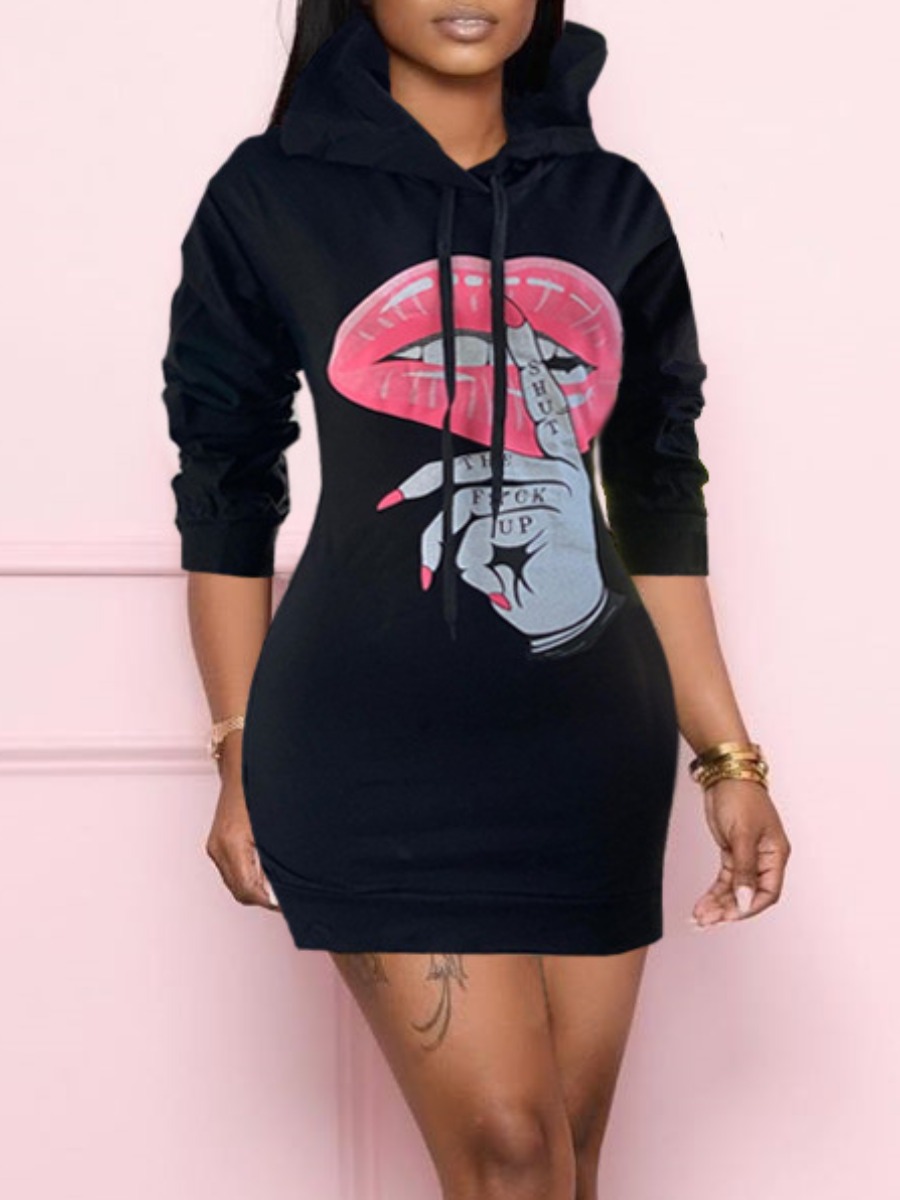 

lovely Casual Hooded Collar Lip Print Black Mini Dress