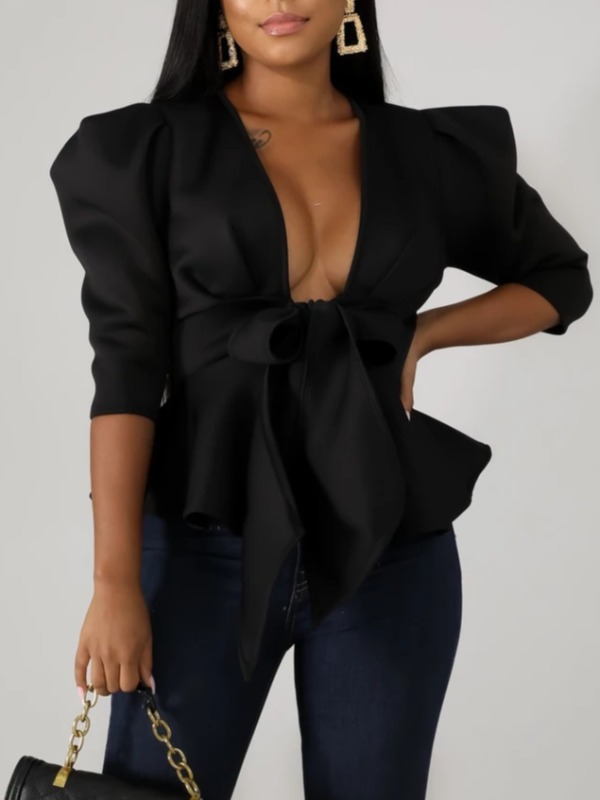 

lovely Stylish V Neck Flounce Design Black Coat