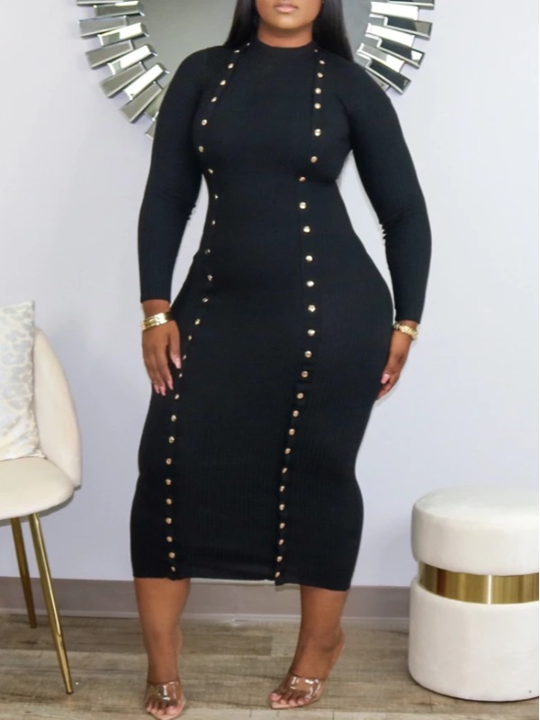 

LW Round Neck Button Design Bodycon Dress, Black