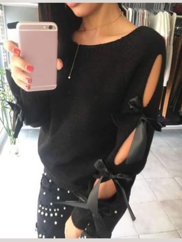 

Lovely Stylish O Neck Bandage Design Black Sweater