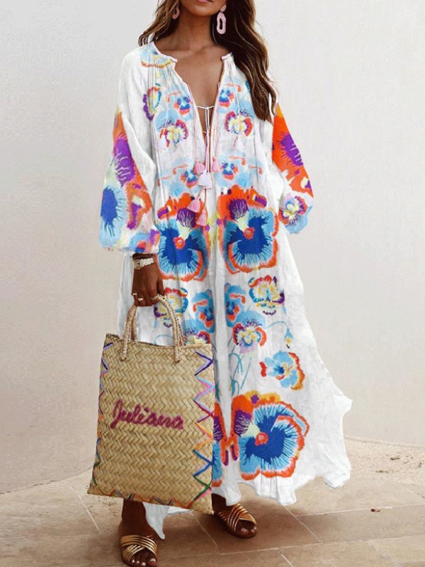 

lovely Bohemian Print Loose Multicolor Ankle Length Plus Size Dress, Multi