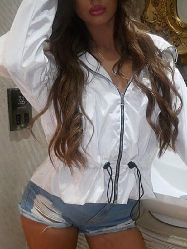

lovely Casual Zipper Design Drawstring White Coat