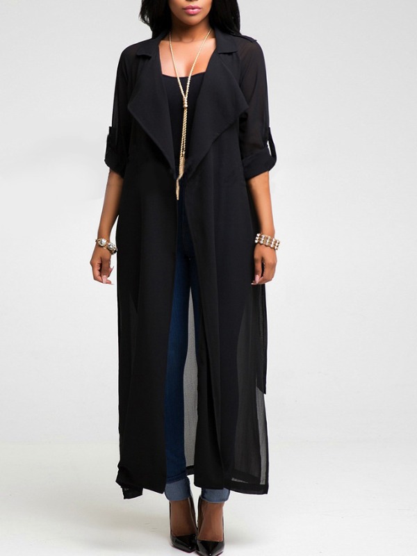 

lovely Casual Turndown Collar Loose Black Trench Coat