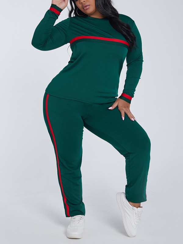 

lovely Sportswear O Neck Patchwork Green Plus Size Two-piece Pants Set