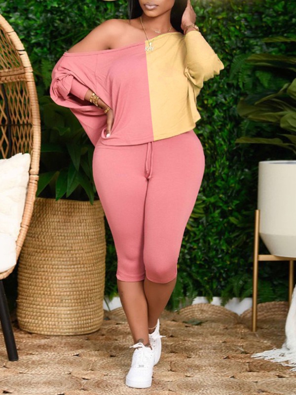 

lovely Casual Patchwork Pink Plus Size Two-piece Pants Set