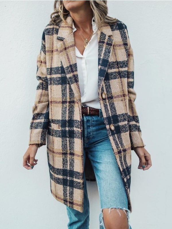 

lovely Stylish Turndown Collar Grid Print Brown Long Wool