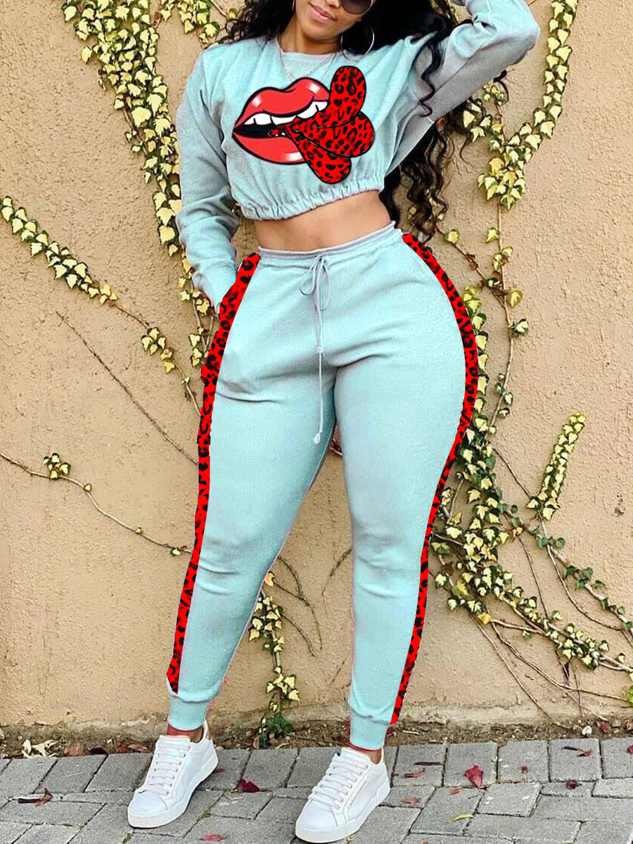 

Lovely Sportswear O Neck Lip Print Grey Two Piece Pants Set