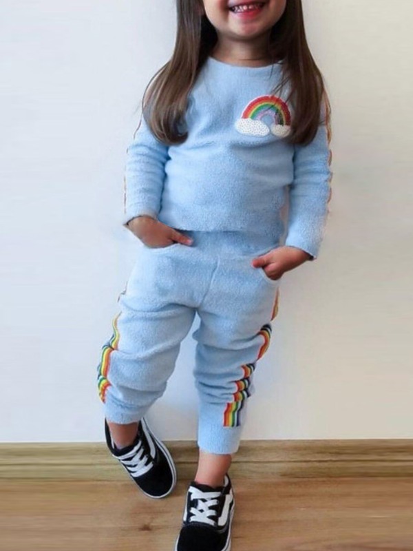 

lovely Casual O Neck Rainbow Striped Grey Girl Two-piece Pants Set