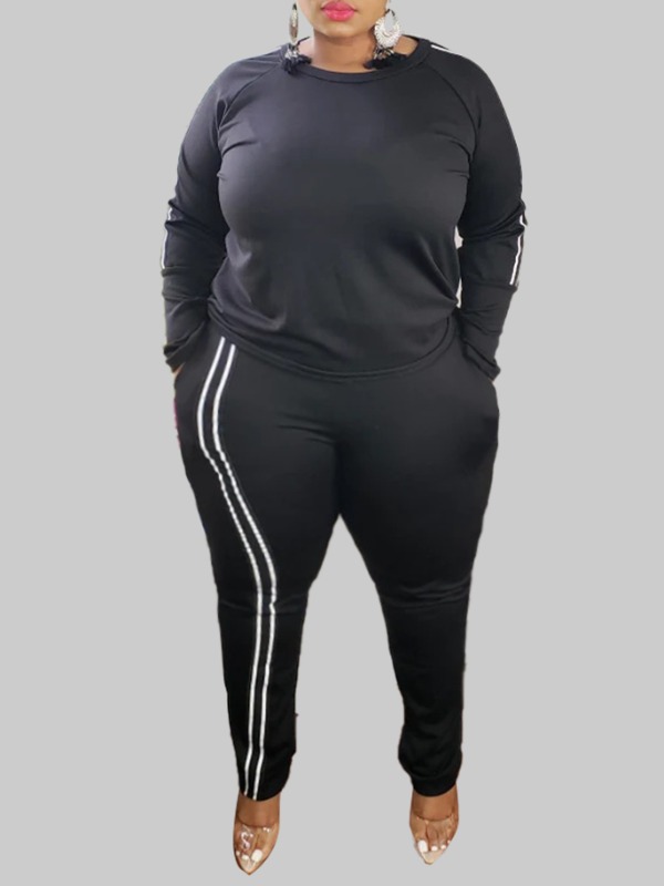 

lovely Casual O Neck Patchwork Black Plus Size Two-piece Pants Set