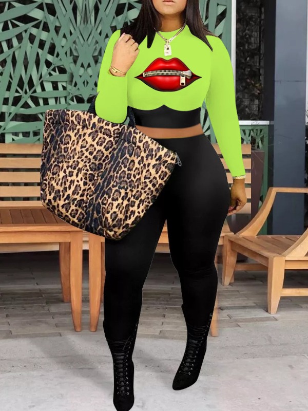 

lovely Casual O Neck Lip Print Patchwork Green Two Piece Pants Set