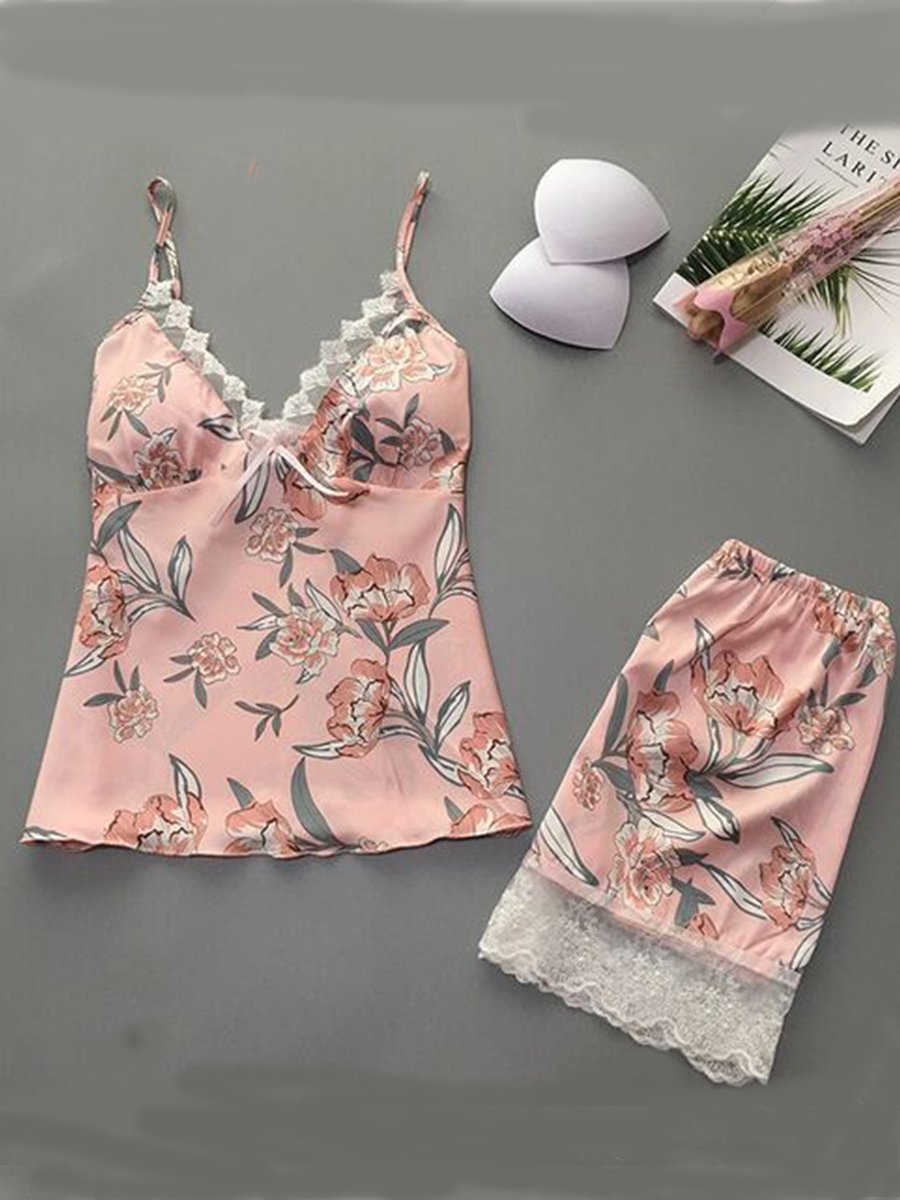 

lovely Sexy Plants Print Patchwork Light Pink Sleepwear