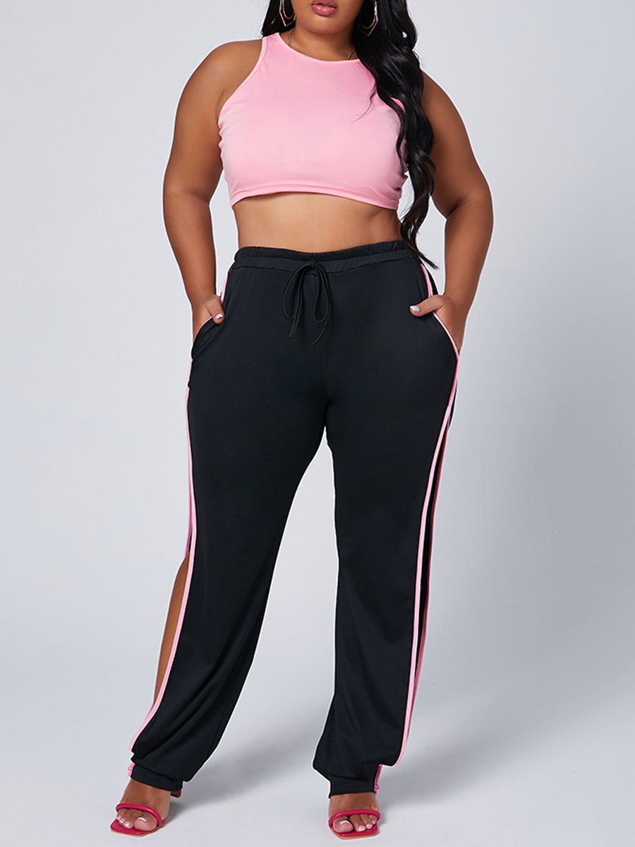 

lovely Sportswear Patchwork Hollow-out Pink Plus Size Two Piece Pants Set