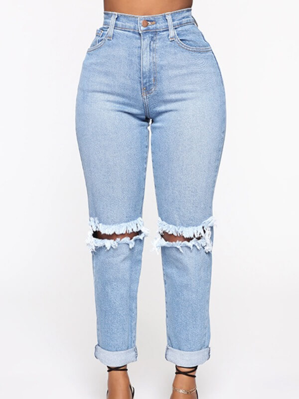 

Lovely Casual Broken Holes Baby Blue Jeans