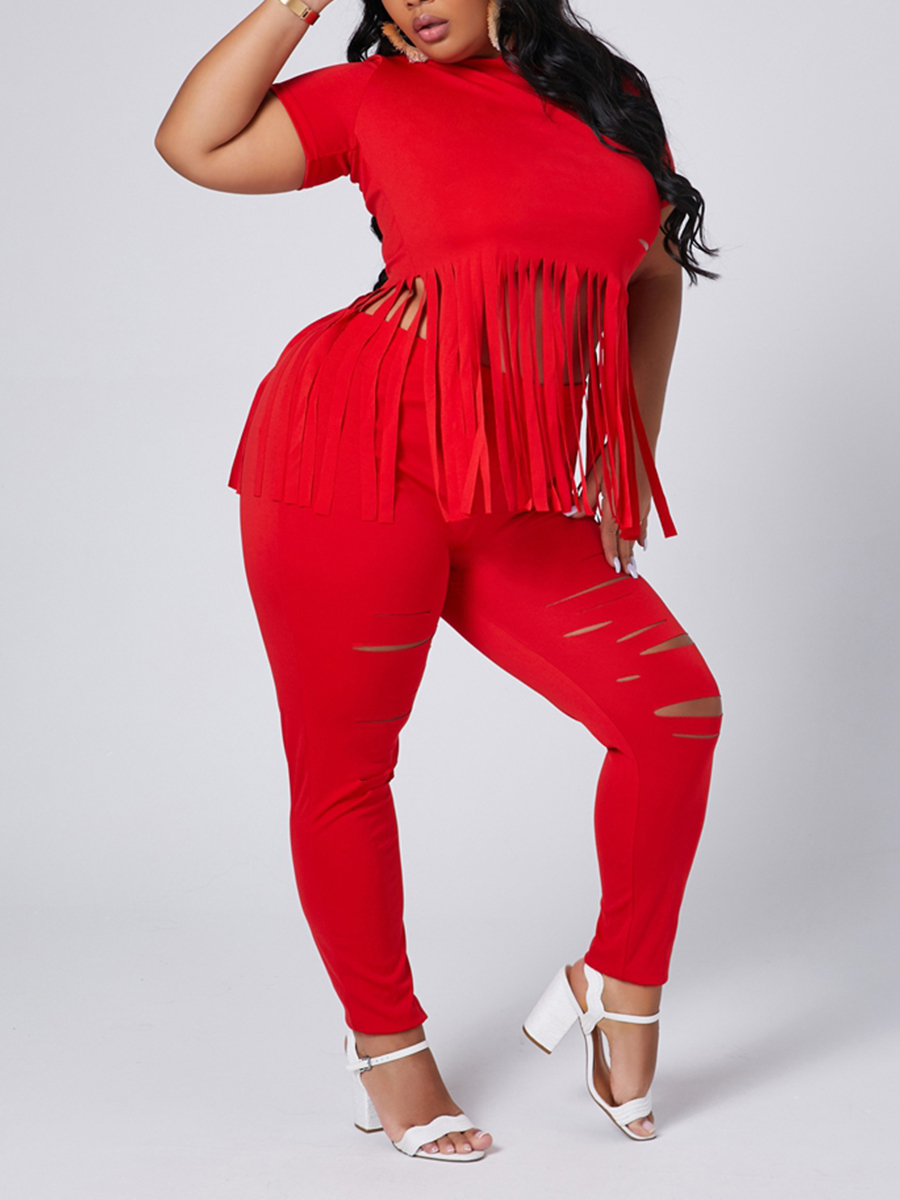 

lovely Street Tassel Design Broken Holes Red Plus Size Two-piece Pants Set