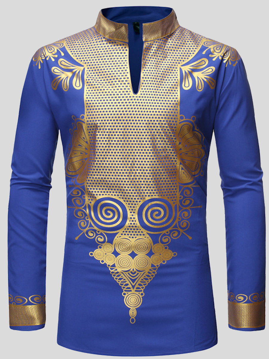 

lovely Stylish Mandarin Collar Print Royalblue Men Shirt