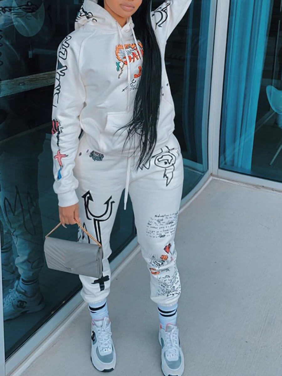 

Lovely Sportswear Hooded Collar Print White Plus Size Two-piece Pants Set