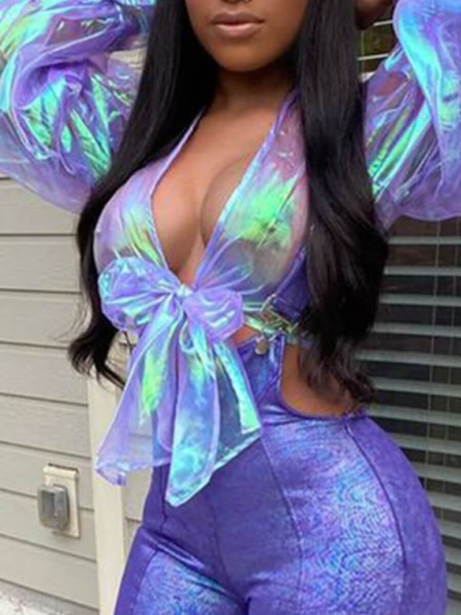 

Lovely Trendy V Neck Knot Design Purple Blouse