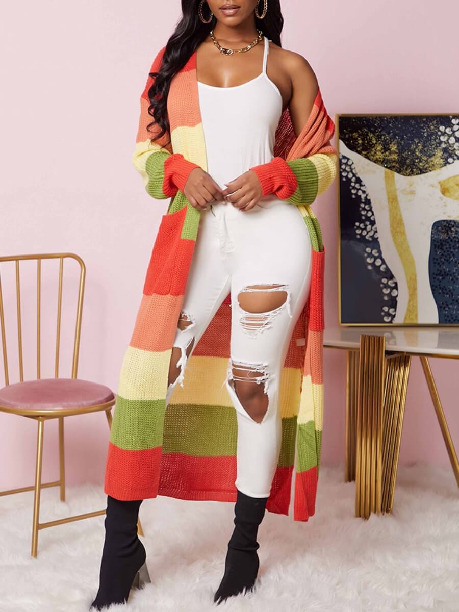 

Lovely Trendy Rainbow Striped Green Cardigan