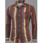 lovely Stylish Turndown Collar Striped Print Red S