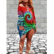 Lovely Street O Neck Tie-dye Red Knee Length Plus 