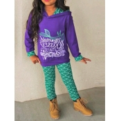 lovely Leisure Hooded Collar Print Purple Girl Two