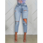 lovely Trendy Hollow-out Baby Blue Jeans