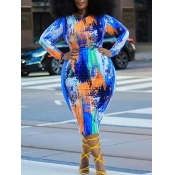 LW Plus Size Casual O Neck Tie-dye Blue Mid Calf D