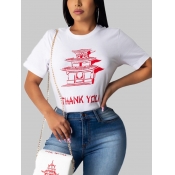 Lovely Plus Size Casual O Neck Print White T-shirt