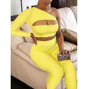 lovely Stylish One Shoulder Hollow-out Yellow Two 