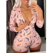 Lovely Trendy Cartoon Print Pink One-piece Romper