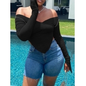 LW Sexy Dew Shoulder Asymmetrical Black T-shirt