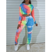 lovely Casual O Neck Tie Dye Multicolor Two Piece 