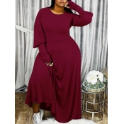 LW Plus Size Puffed Sleeves Loose Wine Red Dress