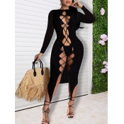 lovely Sexy Bandage Design Black Mid Calf Dress(Ba