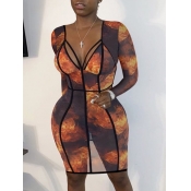 lovely Casual V Neck Print See-through Black Knee 