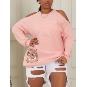 Lovely Casual O Neck Hollow-out Pink Sweater