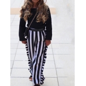 lovely Casual O Neck Striped Black Girl Two-piece 