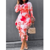 Lovely Trendy O Neck Print Red Mid Calf Plus Size 