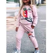 lovely Casual O Neck Print Pink Girl Two-piece Pan