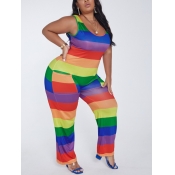 lovely Trendy Rainbow Striped Multicolor Plus Size