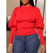 lovely Casual O Neck Puffed Sleeves Red Hoodie