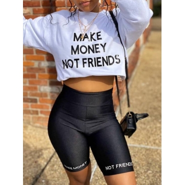 

LW Sportswear O Neck Letter Print Black Two Piece Shorts Set
