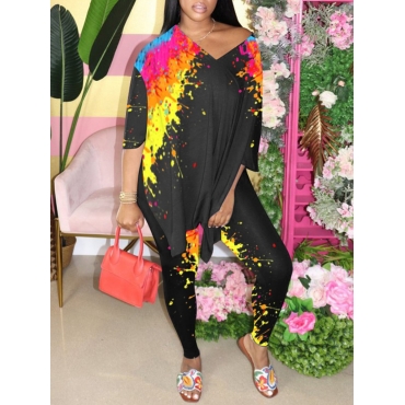 

LW Street V Neck Graffiti Print Multicolor Two Piece Pants Set, Multi