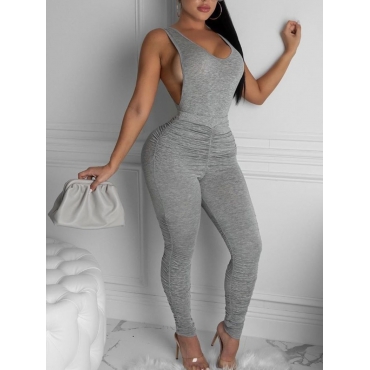

LW Sportswear Backless Fold Design Grey Two Piece Pants Set