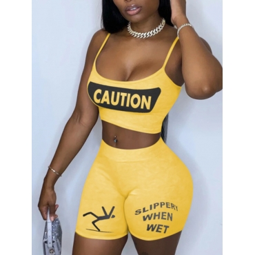 

LW Sportswear Spaghetti Strap Letter Print Yellow Two Piece Shorts Set