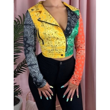 

LW Cashew Print Zipper Design Patchwork Leather, Multi