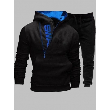 

LW Men Sportswear Hooded Collar Letter Zipper Design Black Two-piece Pants Set