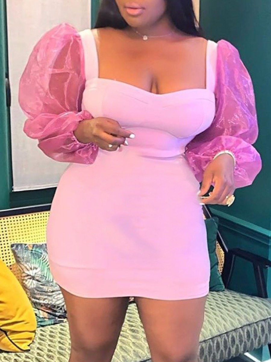 

Lovely Trendy Square Collar Patchwork Pink Mini Dress
